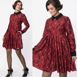 Unique Vintage Burgundy Dress with Bats and Moons Black Collar